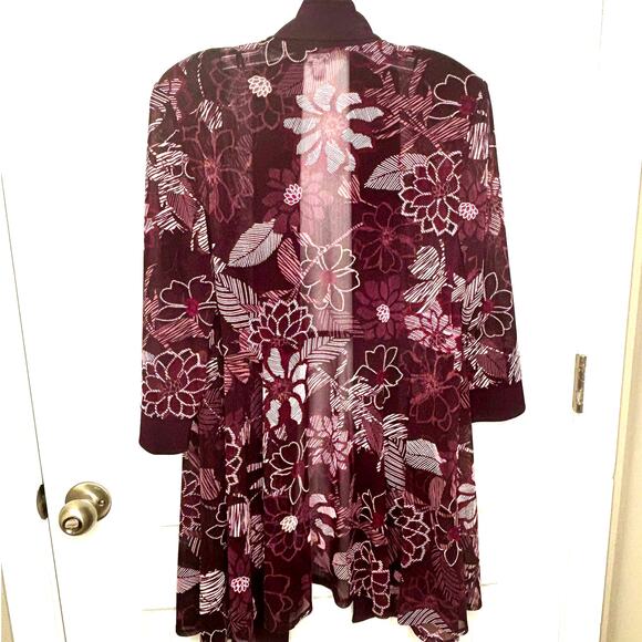 Dress Barn Wms 14 Plum Sheer Floral Open Front Longline Cardigan Elegant Party - Picture 2 of 10
